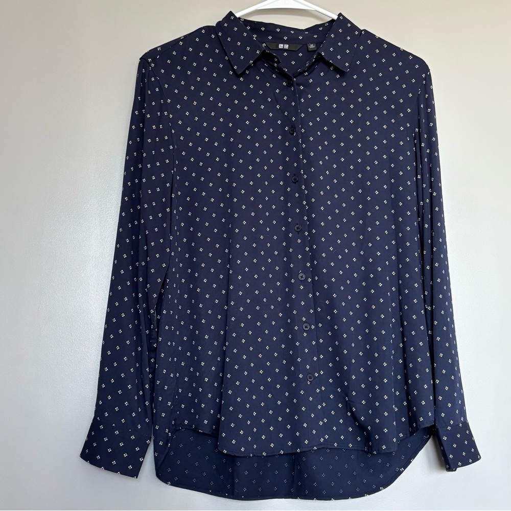 Uniqlo Navy Patterned Long-Sleeve Rayon Blouse, XS